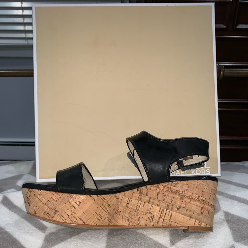 Michael Kors Black Leather Cork Wedge - Picture 2 of 8